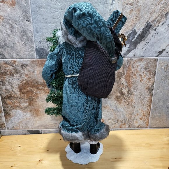 Santa Claus Figurine Ceramic Base Christmas Tree Sack of Gifts Blue Velvet Coat - Picture 3 of 13
